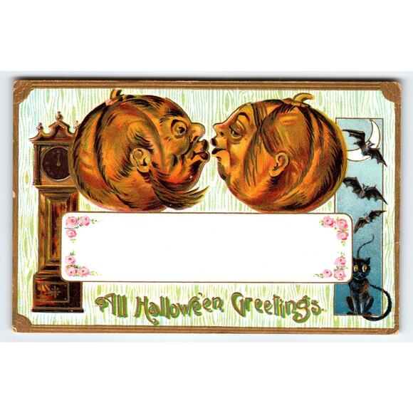 Vintage Halloween Poster: Black Cat on Pumpkin With Bats  Vintage 1907-1915 Halloween Postcard Pumpkin Heads Kissing Bats And Black Cat